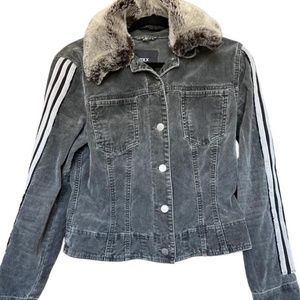 Mexx grey corduroy button up jacket with detachable fleece/fur detail